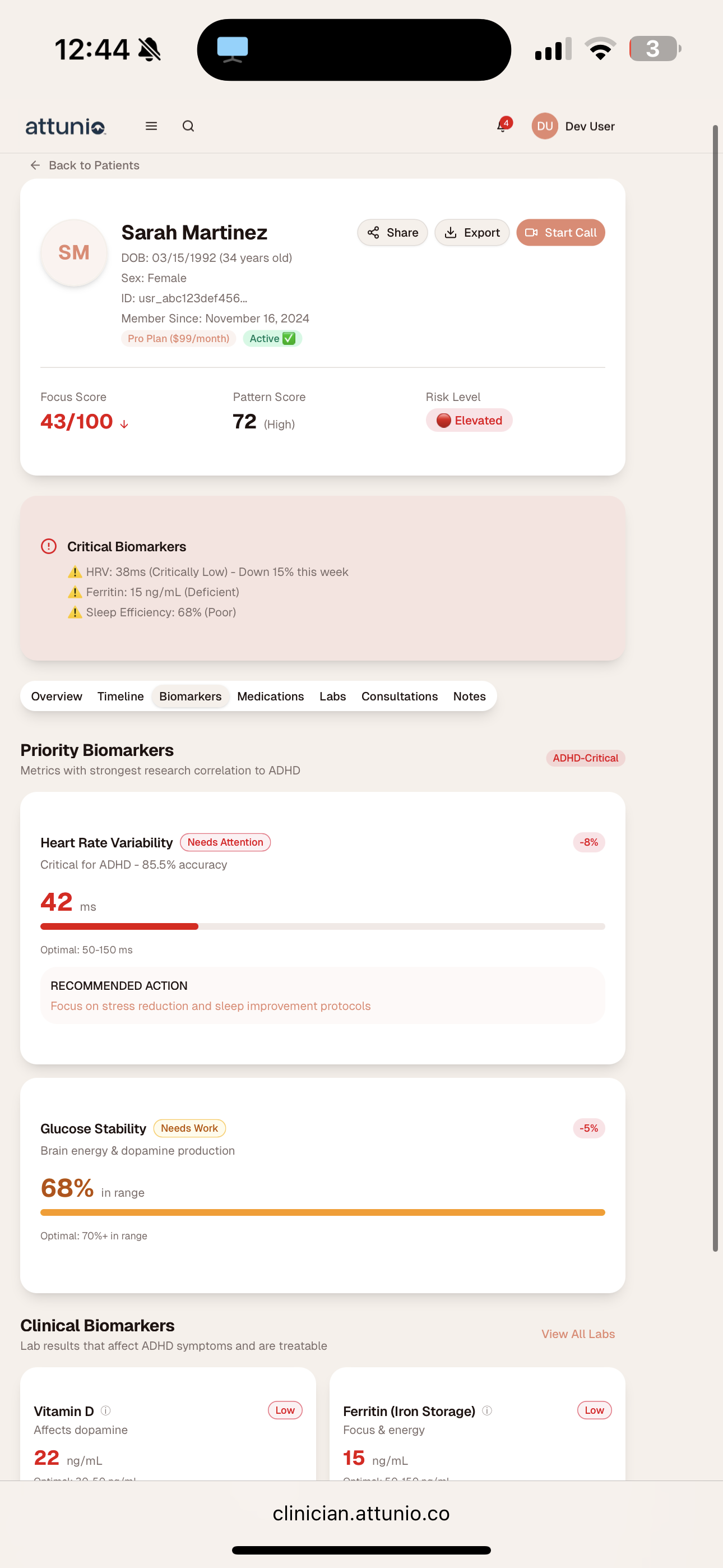 Attunio clinician dashboard - Patient biomarkers view