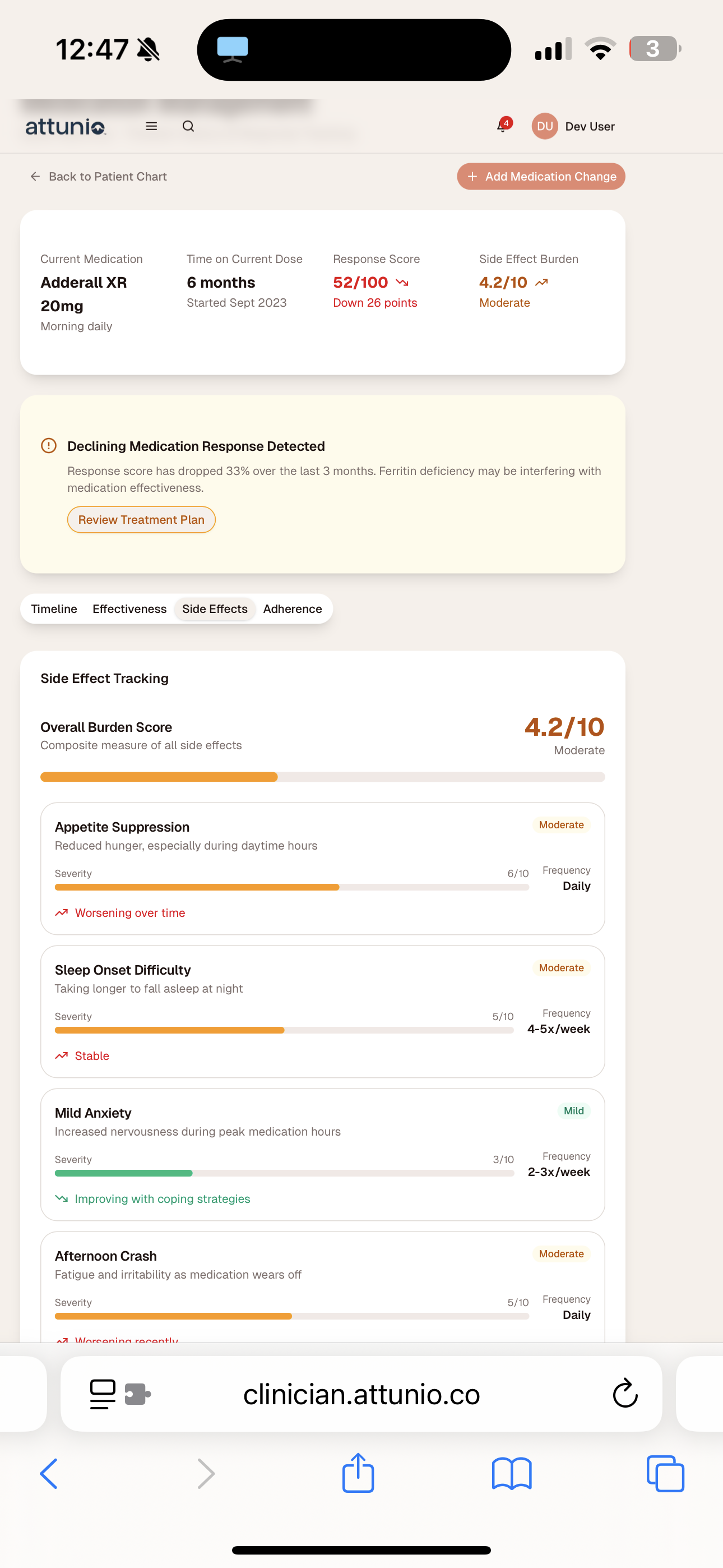 Attunio clinician dashboard - Side effects tracking